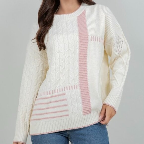 TAKE A GUESS PINK BLOCKED KNIT SWEATER - Picture 1 of 1